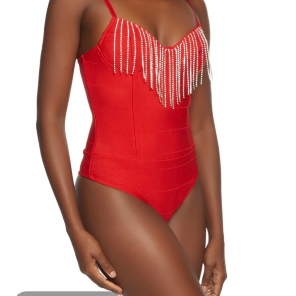 RED Rhinestone Fringe Bandage Bodysuit